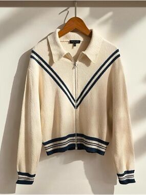rag & bone Cream Knit Zip-Up Sweater with Silver Zipper